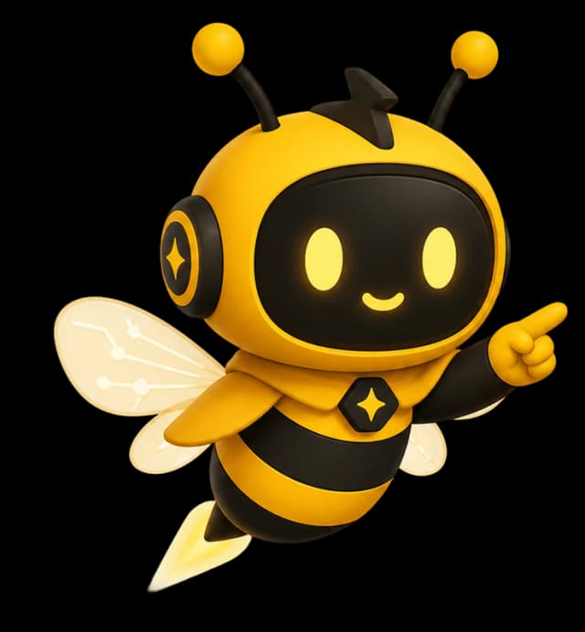 Exubee in flight pointing ahead with a friendly smile